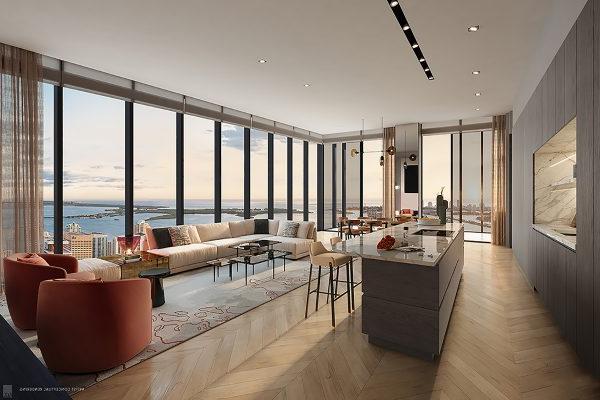 Rendering of Waldorf Astoria Residences Miami Kitchen and Living Room Flow Through